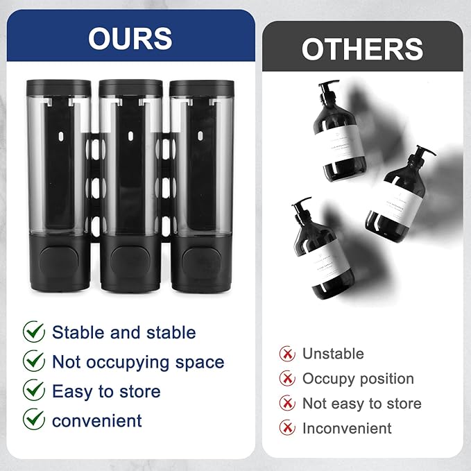 6pcs Shampoo and Conditioner Dispenser No Drill Shower soap Dispenser Wall Mounted 3 Chamber for Bathroom, Kitchen,Hotel Pumps are Easy to use No leaks (Black)