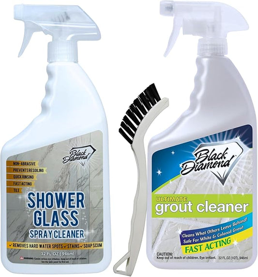 Black Diamond Stoneworks Shower Glass Cleaner & Ultimate Grout Cleaner Bundle with Brush – 2 Quarts – Removes Soap Scum, Hard Water Stains & Deep-Cleans Tile Grout