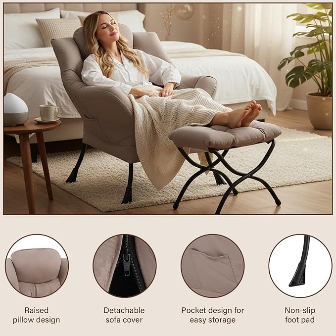 Welnow Lazy Chair with Ottoman, Modern Reading Lounge Accent Chair with Armrests and a Side Pocket, Leisure Upholstered Lazy Sofa Set with Footrest for Small Space, Khaki
