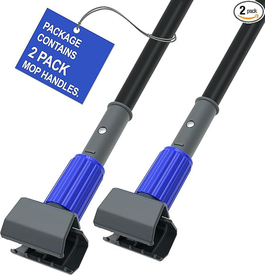 2 Pack Mop Handle Commercial Heavy Duty, 57.5 inches Long Industrial String Mop Stick Replacement Pole with Upgraded Jaw Clamp for for Floor Cleaning (Blue)