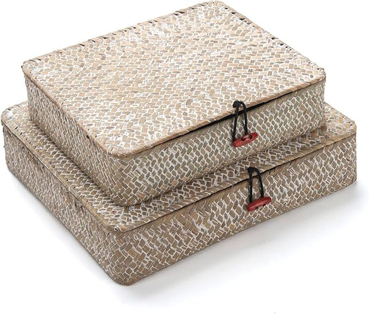 DOKOT Whitewash Flat Seagrass Storage Bins with Lid, Wicker Basket for Shelf Organize, Set of 2 (Small+Large)
