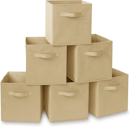 Casafield Set of 6 Collapsible Fabric Cube Storage Bins, Sandy Beige - 11" Foldable Cloth Baskets for Shelves, Cubby Organizers & More