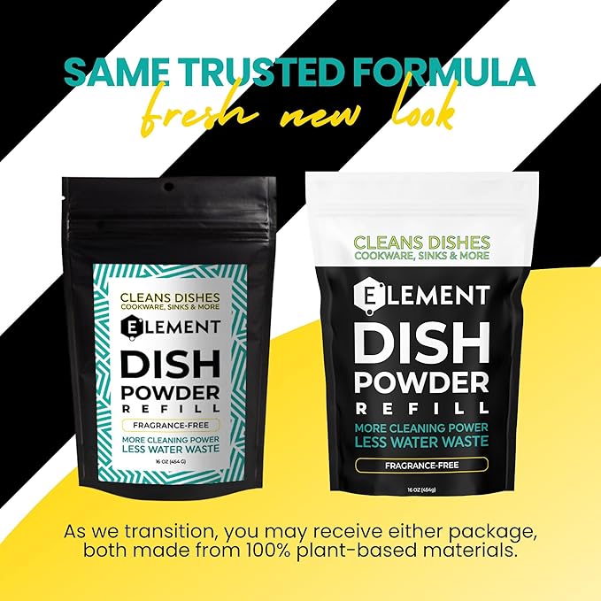 ELEMENT Dish Powder | Grease-Fighting Dish Soap | No Harsh Chemicals, Liquidless, Plastic-Free | Plant-Based Pouch (Fragrance-Free, 16 OZ Refill Pouch)