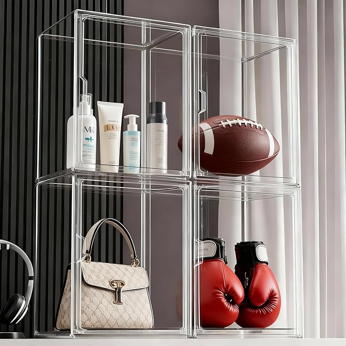 Clear Stackable Storage Bins, Acrylic Display Case, Acrylic Boxes with Lids, Magnetic Lid Storage Bins for Handbags & Purse, Large Figures Collectibles, Storage Box for Home Organization(3 Pack)