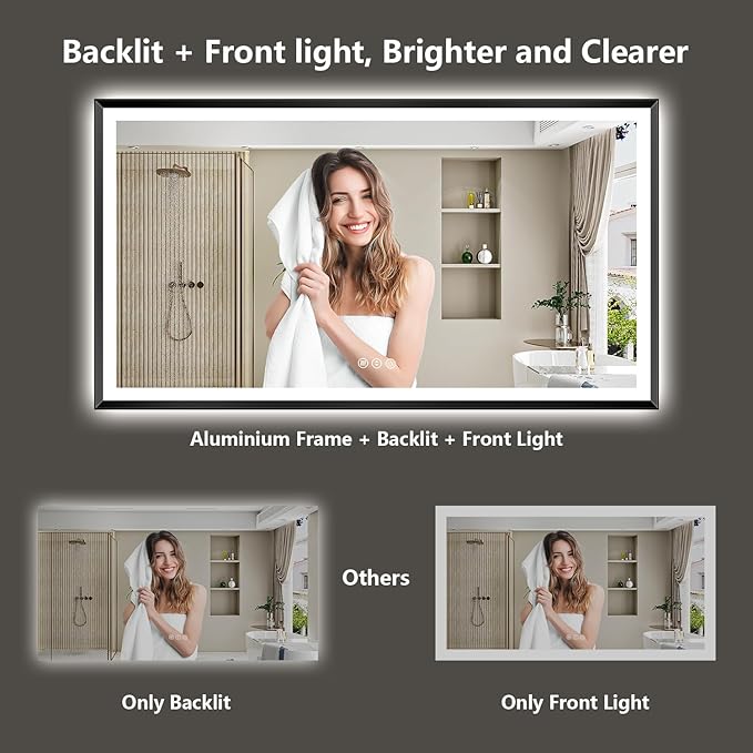 60x38 Black Framed LED Bathroom Mirror with Lights, Backlit and Front Light, Lighted Bathroom Vanity Mirror for Wall Dimmable Anti-Fog Memory Tempered Glass Horizontal/Vertical