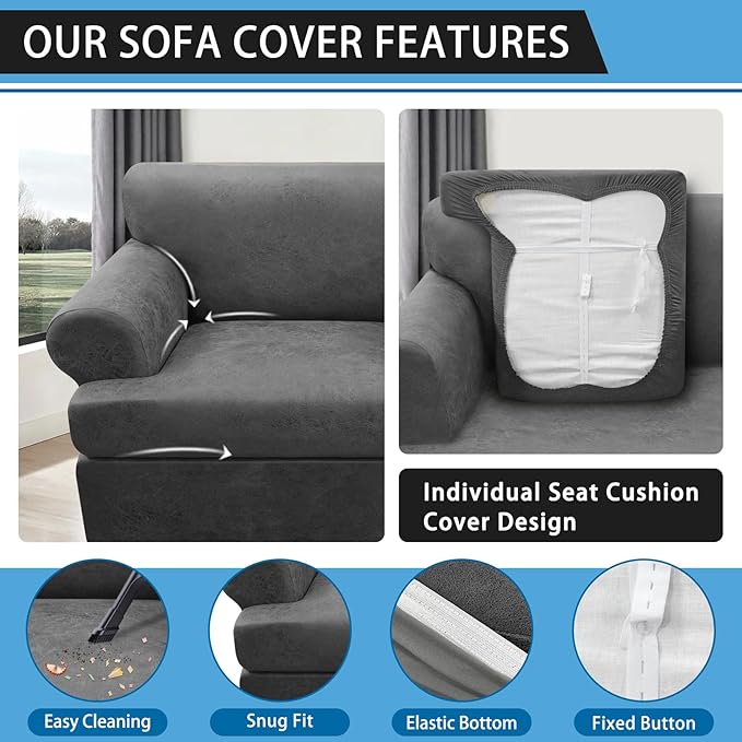 3-Pieces T Cushion Loveseat Slipcovers Leather Look Couch Cover Loveseat Covers for 2 Cushion Couch Furniture Protector Stretch Sofa Cover with 2 Individual T Cushion Seat Covers, Grey