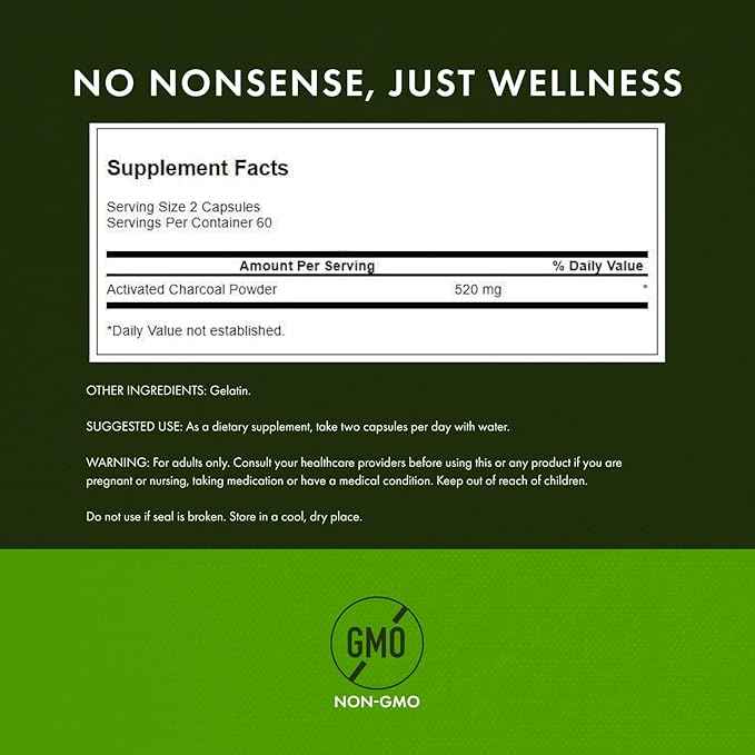 Swanson Activated Charcoal - Natural Supplement Supporting Healthy Absorption - Helps w/Bloating & Maintaining Bowel Regularity - (120 Capsules, 520mg per Serving) 2 Pack