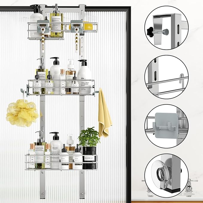 ODesign Over The Door Shower Caddy, 3-Tier Adjustable Hanging Shower Caddy with Soap Holder & 4 Hooks, Rustproof Bathroom Shower Organizer with Suction Cup,Shower Rack for Shampoo Razor, Slate-Grey