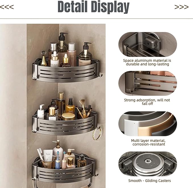 3Pcs Corner Shower Shelf Caddy Suction Cup, No Drill Hole with Towel Bar and Hook, Gray Bathroom Storage Rack, Zero Drill Triangle Shelves, Store Toiletries and Bath Towel for Bathroom Kitchen RV