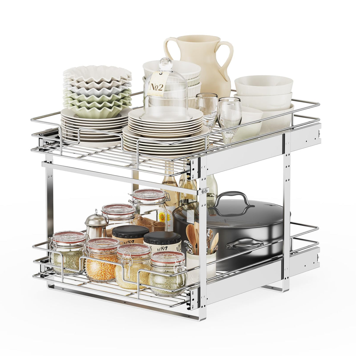 ROOMTEC Slide Out Cabinet Organizer for Kitchen, 2 Tier Pull Out - Image 1