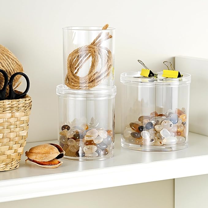 SheeChung 6-Pack Clear Stackable Qtip Holder Dispenser - Mixed (10oz & 12oz) Apothecary Jars with Storage Lids - Whole Home Bathroom Organization Set for Cotton Swabs, Balls, Pads