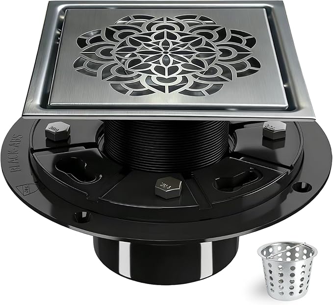 6 Inch Shower Drain, Square Shower Floor Drain Kit with Flange and Removable Cover Grate, AISI 304 Stainless Steel, Brushed Nickel