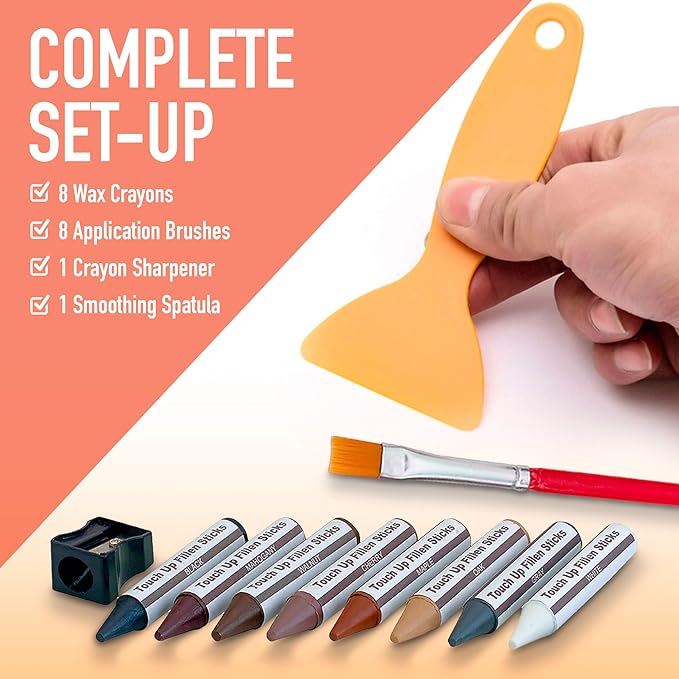 Furniture Repair Kit Set of 34, Wood Scratch Repair Markers, Wax Crayons and Wood Filler with Brushes and Sharpener for Furniture, Floors, Cabinets, Tables and Desks