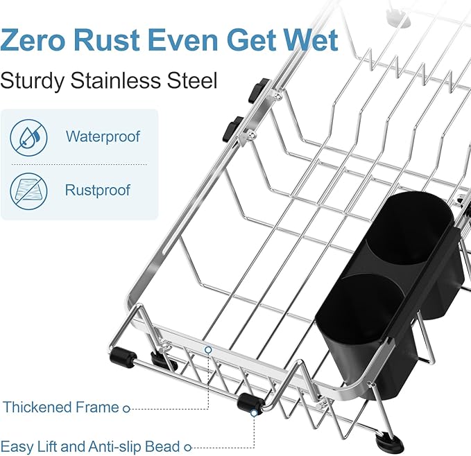 GSlife Small Sink Dish Drying Rack - 9" W Expandable Stainless Steel Compact Dish Drainer for RV, Apartment, Camper, Kitchen, Dish Strainer with Lock Knob, 11.9"-16.7" L, Silver