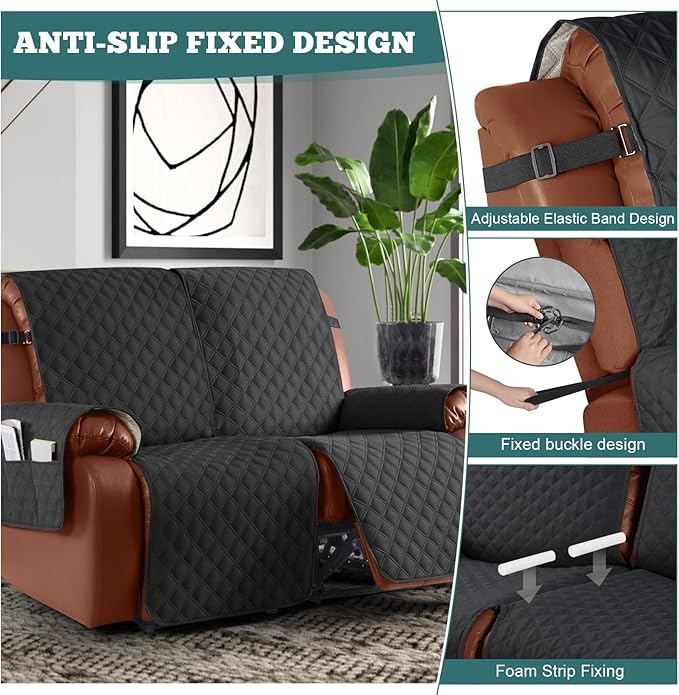 Ruaozz Waterproof Recliner Sofa Covers, 1-Piece Couch Covers for Reclining Couches Reclining Couch Cover Washable Furniture Protector with Elastic Straps Pocket for Kids Pets (Black, 2 Seater)