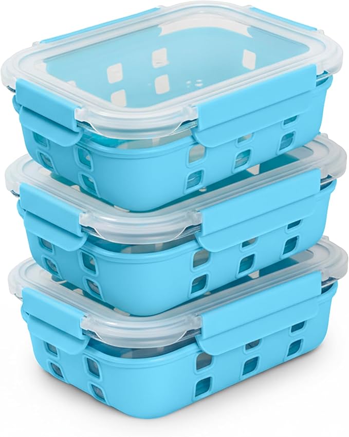 ECOBERI 4.5 Cup Glass Meal Prep Containers with Lids & Silicone Sleeves, 3-Pack Airtight, Leak-Resistant Food Storage Containers for Fridge, Freezer, Oven & Microwave