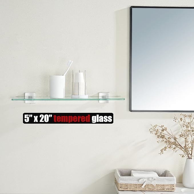 JQK Bathroom Glass Shelf, Floating Tempered Glass Shower Storage 20 by 5 inches, 304 Stainless Steel Brushed Finish Wall Mount 2 Pack 2 Pack, TGS201L20-BN-P2