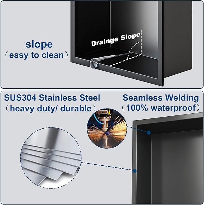 Neodrain Shower Niche, Insert Storage Shower Shelf (Outside Size 19.1”X13.1“)(Inner Size 18"X12"), Stainless Steel Wall Niche No Tiled Recessed Shelf for Storage, Matte Black