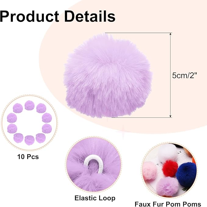 uxcell 2 Inch Faux Fur Pom Pom Balls, 10 Pcs Light Purple Fluffy Soft Faux Fur Pom Poms for Hats with Elastic Loop for DIY Knitting Hats Keychain Scarves Gloves Bags Shoes Accessories