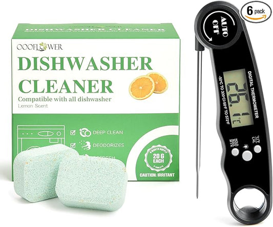 6-Pack Dishwasher Detergent, Deep Cleaning Dishwasher Formula Tablets with Meat Thermometer, Removes Limescale, Odors, Hard Water Residue, Suitable for All Dishwashers (Lemon Scent)