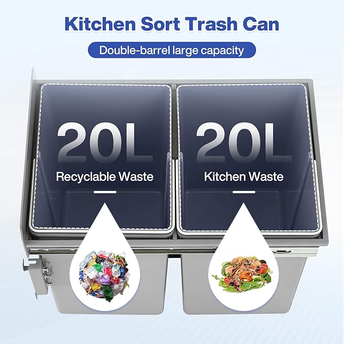 Double Pull Out Trash Can for Under Kitchen Cabinets 44 Qt with Soft-Close Slides, Under Sink Garbage Waste Recycling Bin with Lid for Cabinet, Gray