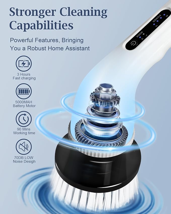 Electric Spin Scrubber, Shower Scrubber Cordless Cleaning Brush with 8 Replaceable Brush Heads and Squeegee，Adjustable Extension Handle 2 Speeds Electric Cleaning Brush for Bathroom, Tub, Tile，Kitchen