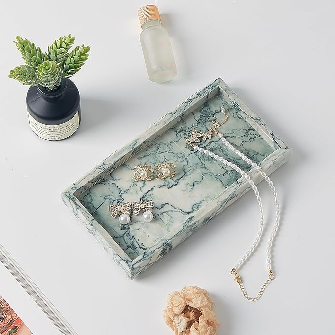 Natural Small Marble Vanity Tray, Luxury Stone Organizer for Bathroom & Kitchen | Holds Soap Dispenser, Jewelry, Perfume | Non-Resin, Non-Ceramic Décor (Cyan-Green, Mini (7.9" x 4.3" x 0.78"))