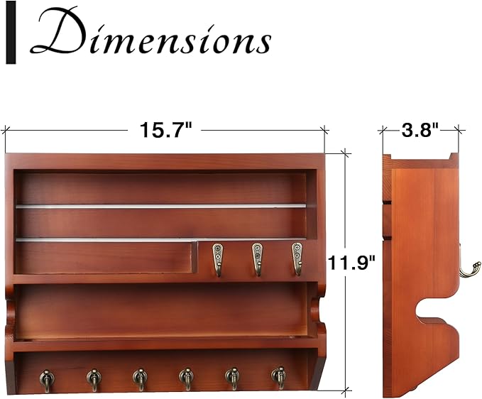 Innovation Handcrafted Solid Pine Wood Key Holder for Wall - Artisan Hand-Sprayed Mail Organizer Wall Mount with 9 Heavy Duty Hooks, Finely Sanded Smooth Surface Entryway Decor, Auburn