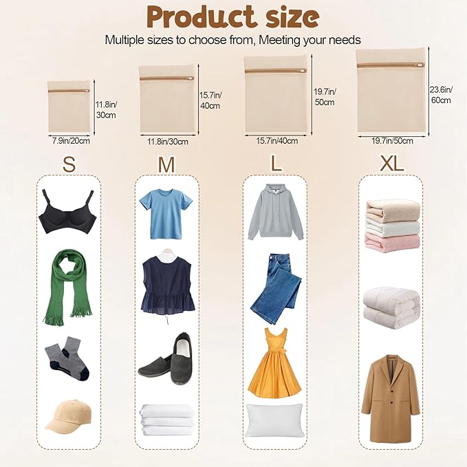 Cotton Mesh Laundry Bags, 4 PCS Delicate Laundry Bag 26"x 20", 20"x16", 16"x12", 12"x8" Garment Bag with Sturdy Zipper for Washing Machine, Lingerie, Clothes, Pants, Shoes