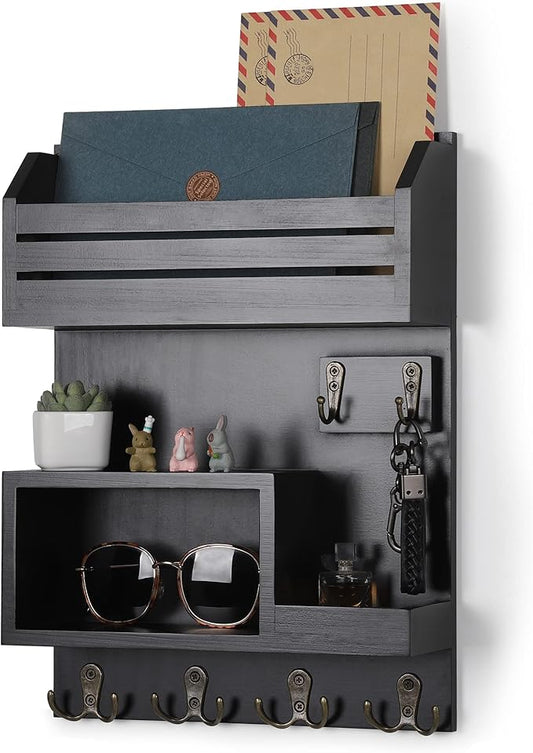 Key Holder for Wall, Wall Mounted Mail Organizer with 6 Metal Key Hooks, Key Racks for Home Entryway Decor, Luxury Black