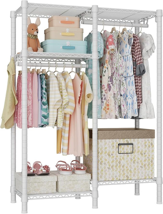 Ulif F1 Garment Rack for Kids, Baby, Students, and Children's Room, 4 Tiers Freestanding and Portable Heavy Duty Closets, Small Metal Clothes Rack with 2 Hanging Rod, 31.2" W x 11.8" D x 48" H, White