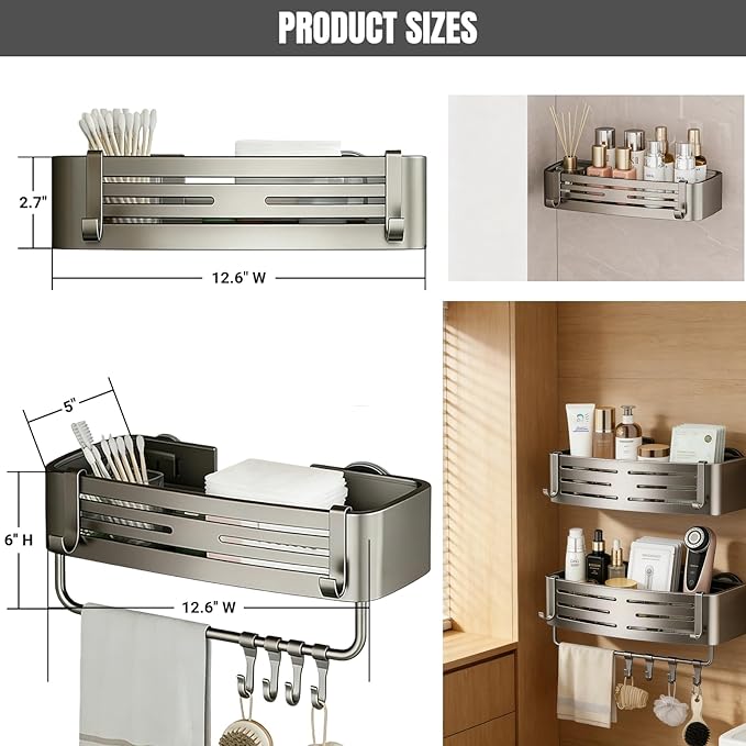 2Pcs Corner Shower Shelf Caddy Suction Cup, No Drill Hole with Towel Bar and Hook, Gray Bathroom Storage Rack, Zero Drill Square Shelves, Store Toiletries and Bath Towel for Bathroom Kitchen RV