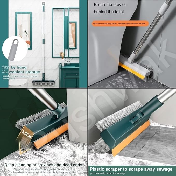 3 in 1 Long Handle Bathroom Cleaning Brush with Wiper, 180° Rotate for Floor/Toilet Cleaning (Multicolor)