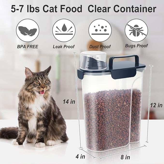 Dog Cat Food Storage Container 5-7 Lbs, Pet Food Container Airtight with Large Spout & Cup, BPA-Free Plastic Food Dispenser for Pet Food, Bird Seed, Rice, Flour (Dark Blue)