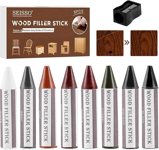 SEISSO Wood Furniture Scratch Repair Filler Sticks, 8 Colors Wax Sticks with Sharpener, Premium Wood Scratch/Dent/Crack/Mark/Stain Cover&Remover, Upgrade Crayons for Floor, Table, Door, Cabinet