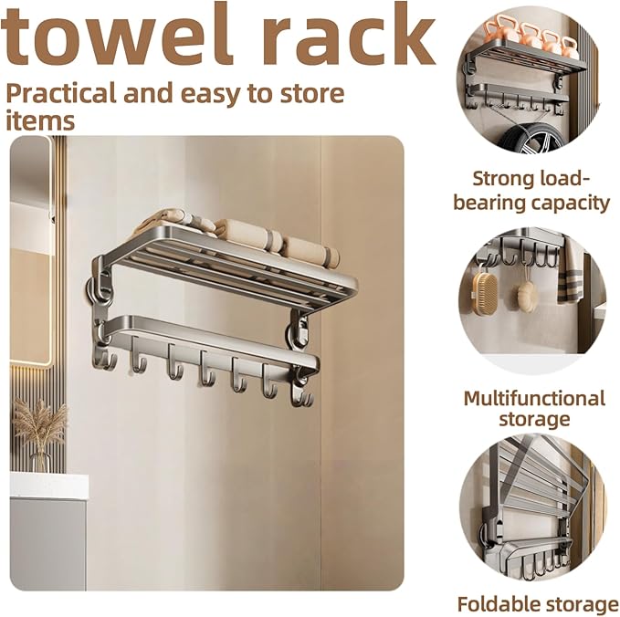 Aluminum Alloy Suction Cup Towel Rack, Bathroom Storage Shelf, No-Drill Mounting (Large)