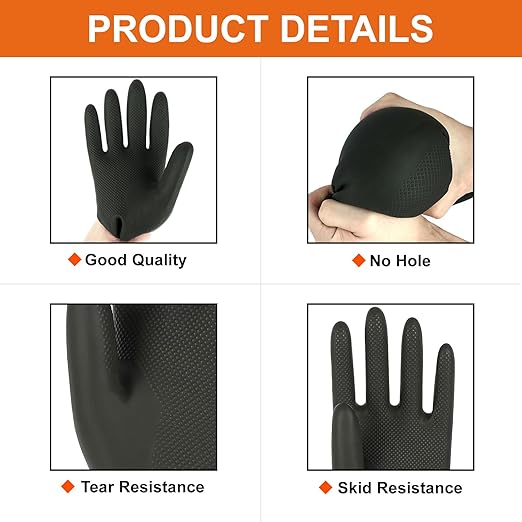 North Tower Heavy Duty Black Rubber Gloves for Cleaning - Non-Slip Grip Palm, Thick Household Gloves for Women, Kitchen Dishwashing, Car Washing, Mechanical Maintenance（Large-3 Pair）