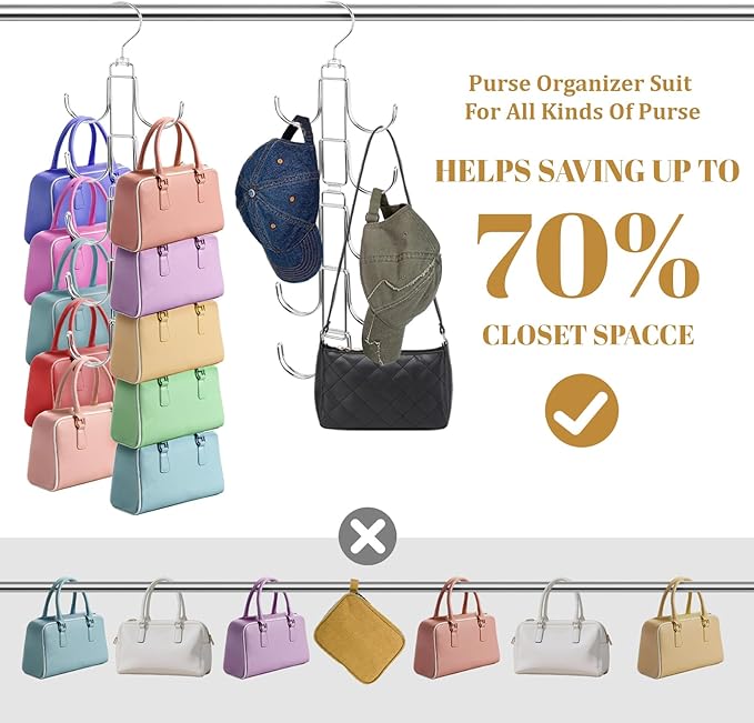 3Pack Purse Organizer for Closet, Stainless Steel Purse Holder Bag Hanger, Hanger Rack Space Saver with 10 Big Hooks for Handbags Belt Scarves Organizer&Display, 360 Degree Rotation