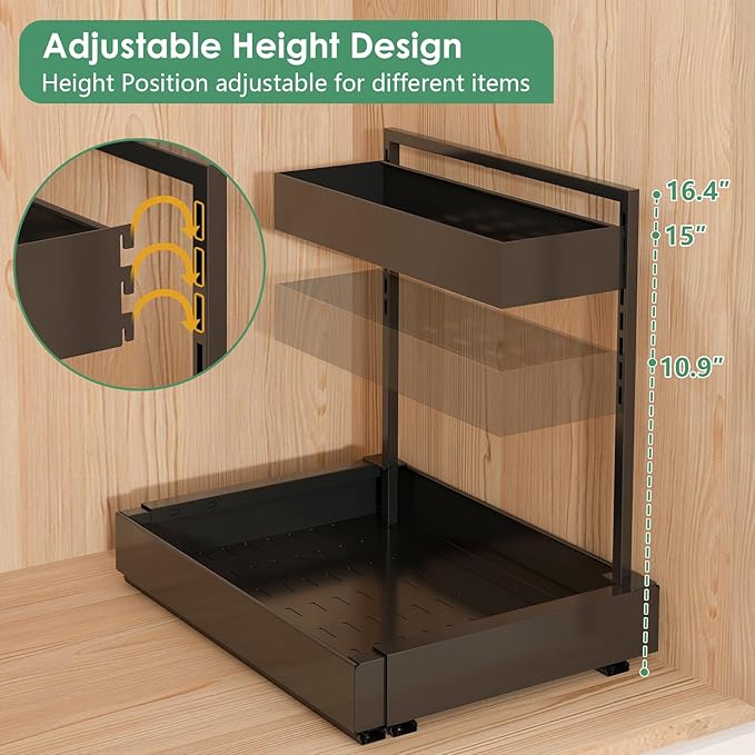 Expandable Under Sink Organizer, 2-Tier Under Cabinet Organizer, Height Adjustable Pull Out Rack for Kitchen Bathroom Laundry, Black, 2 Pack