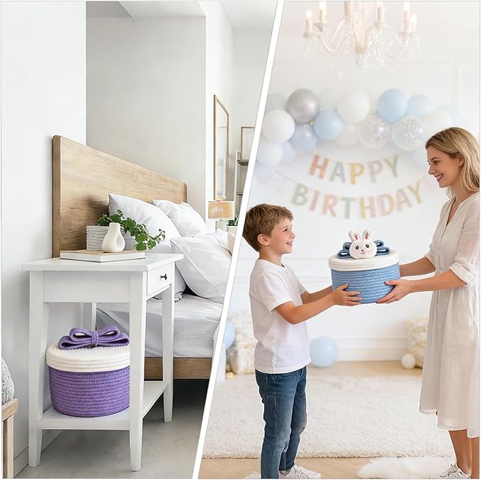 Cute Small Toy Box & Storage Baskets with Lids, Round Woven Rope Basket with Bunny & Bow Handle, Decorative Home Decor for Easter Gifts, Kids & Pets (Lavender)