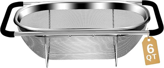 Over the Sink Colander - 6QT Strainers and Colanders - Stainless Steel Strainer - Expandable Sink Colander with Rubber Grip for Strain, Drain, Rinse Fruits, Vegetables, Home Kitchen Essentials