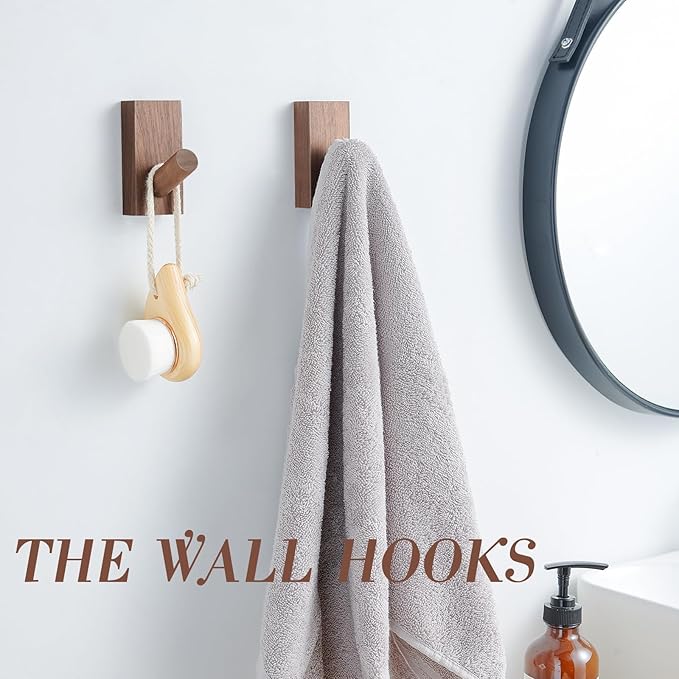 Natural Wooden Wall Hooks, Adhesive & Screw Mount Coat and Towel Hooks - Decorative Key Holder, Hat Rack, Stocking Wall Hangers for Bathroom Entryway Closet - 4 Pack, Walnut Wood