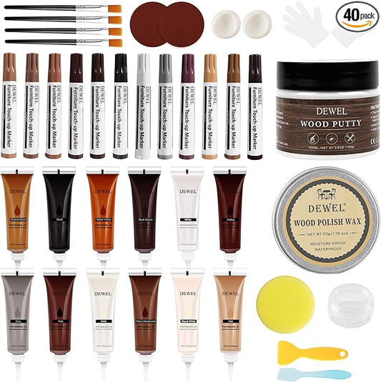 DEWEL Wood Furniture Repair Kit 40 Pcs, 12 Colors Wood Filler and Touch Up Markers, Wooden Putty and Polish Wax, Repair Scratch, Cracks, Hole, Stains for Hardwood Floor, Table, Laminate, Cabinet