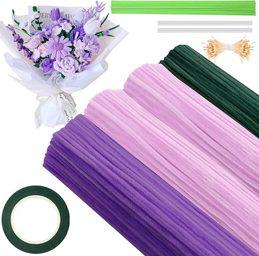 350 Piece Pipe Cleaner Craft, 4 Color Pipe Cleaners Bulk, Chenille Stems for DIY Flower Making Kits with Hot Melt Adhesive, Gardening Tape, Stamens (Purple)