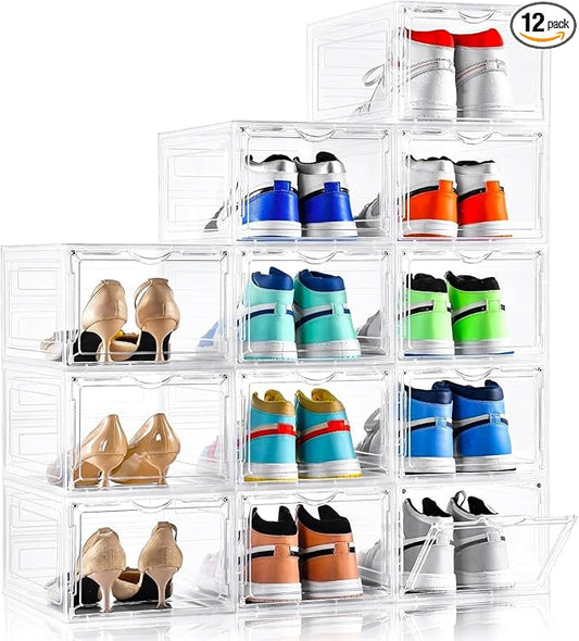 Clemate Upgraded X-Large Shoe Organizer,Shoe Storage Organizer,12 Pack,Shoe Box Clear Plastic Stackable,Drop Front Shoe Box with Clear Door, Shoe Containers For Sneaker Display,Fit up to US Size13