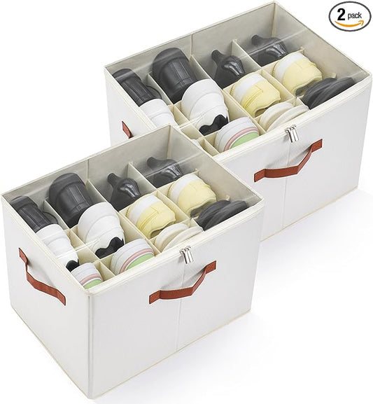 2-Pack Shoe Organizer for Closet, Foldable Shoe Storage Container with Adjustable Dividers & Clear Lid, Holds Up to 12 Pairs, Space-Saving Shoe Boxes, White