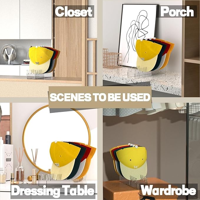 2024 New Hat Stand for Baseball Caps Display and Organizer , No Install Acrylic Hat Holder for 14 Baseball Caps for Bedroom, Closet, Dresser (4PCS)