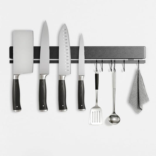 TOUKA 17 Inch Magnetic Knife Holder in Black, 304 Stainless Steel – Double Rods with 12 Hooks for Maximum Strength, No-Drill Adhesive & Screws for Easy Wall Mount