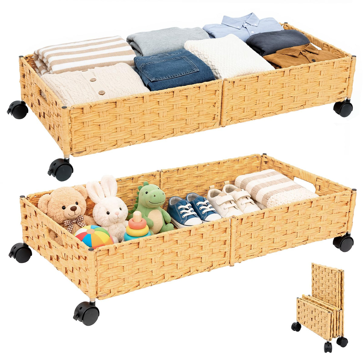 Foldable Under Bed Storage with Wheels, Rolling Wicker 2 - Image 1