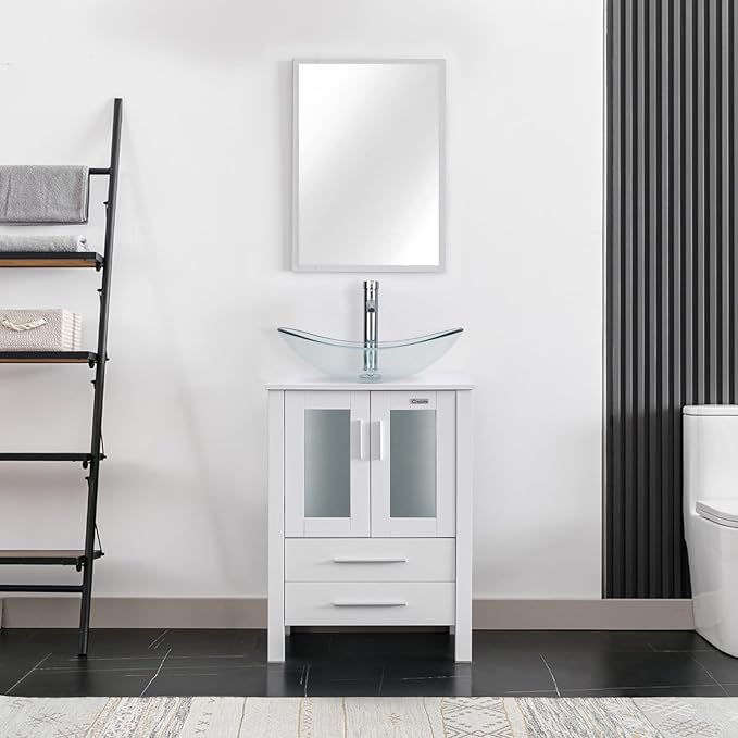 eclife 24" Modern Bathroom Vanity Sink Combo Freestanding Cabinet with Soft Closing Door, Clear Boat Glass Vessel Sink, Water Save Faucet, Drain (White+A29TT)